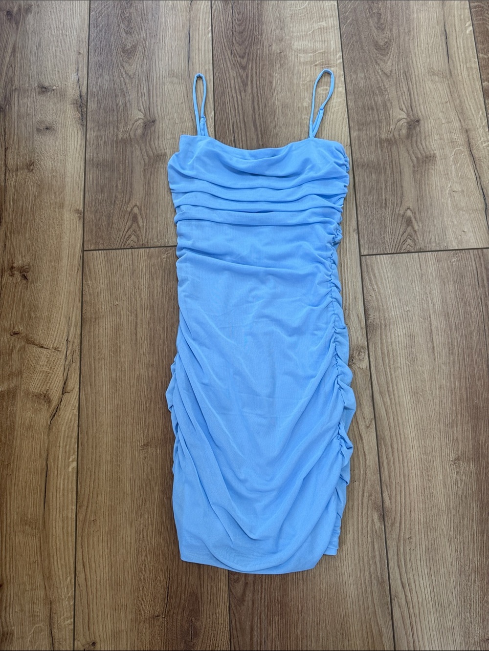 Garage Sky Blue Ruched Spaghetti Strap Mini Dress